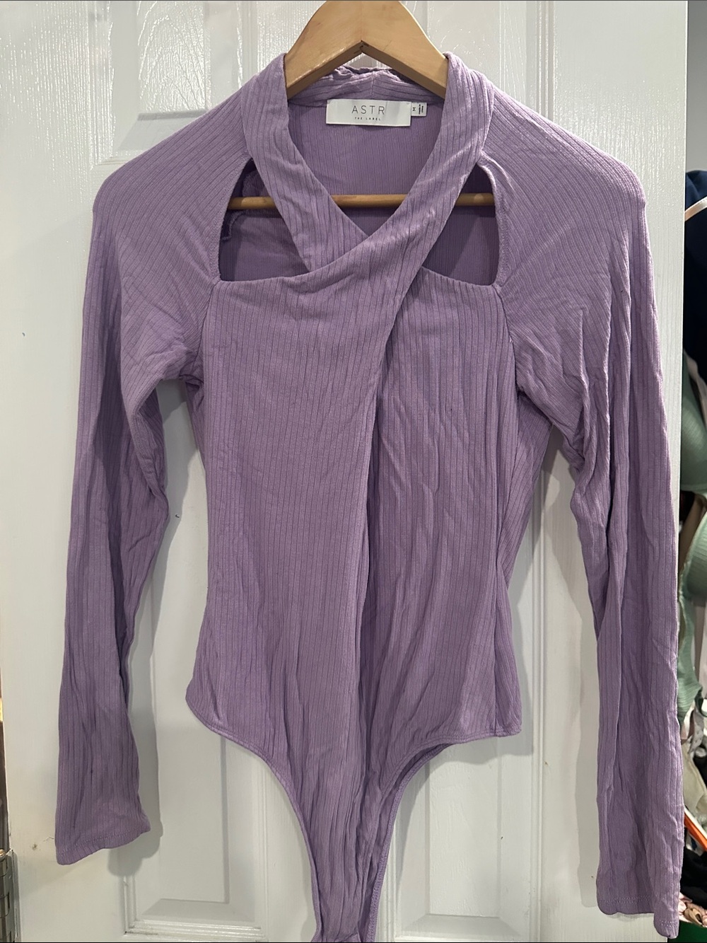 Astr Lavender Ribbed Crisscross Long-Sleeve Bodysuit
